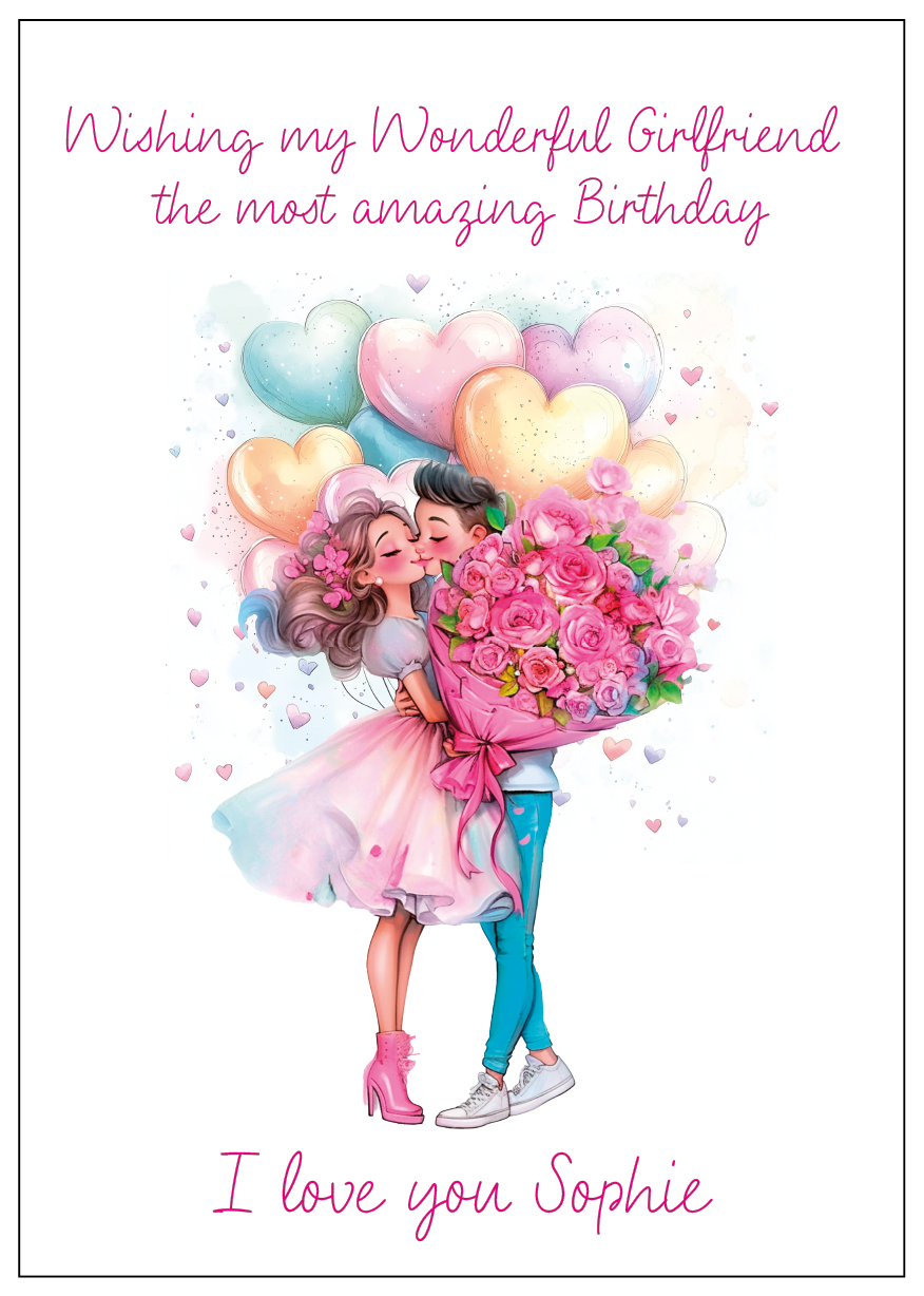 Birthday Card with an illustration of a man holding a bunch of flowers giving them to a woman wearing a pretty dress surrounded by Heart shaped pastel colour balloons with personalised text for name and relationship