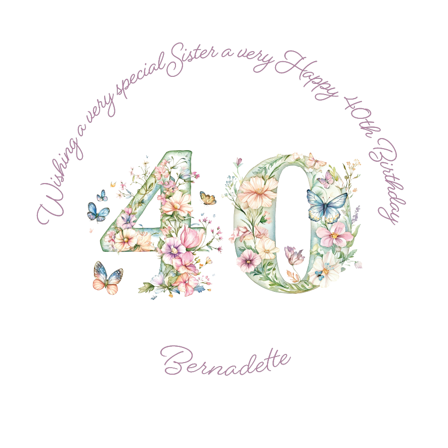 A Birthday Card with pastel coloured floral number 40 and butterflies with personalised birthday text for name, age and relation