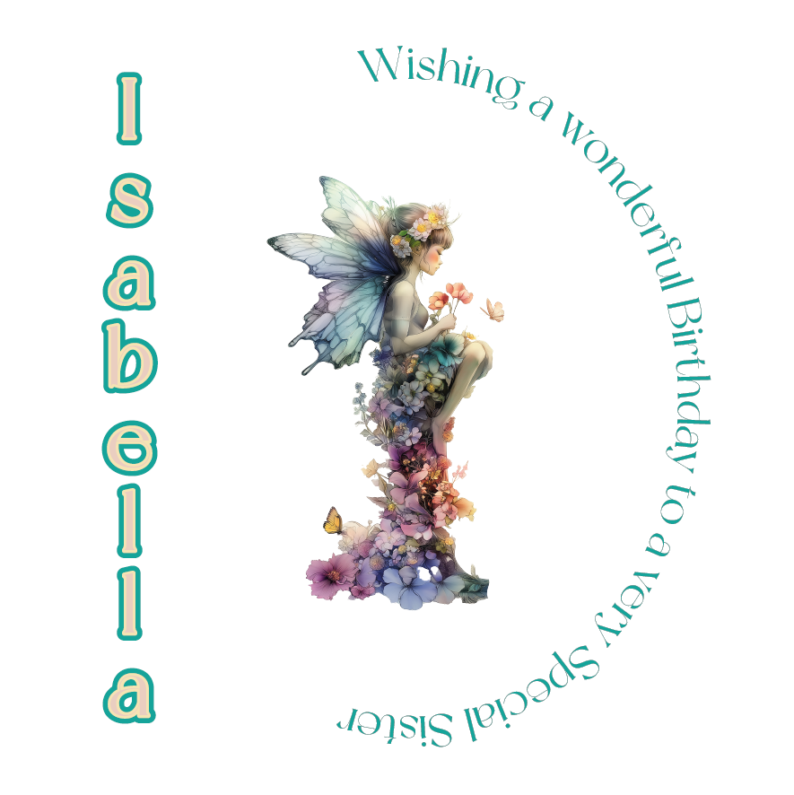 A birthday card with a letter I decorated with flowers and a fairy sitting on top of it in pastel colours. with a personalised birthday message .