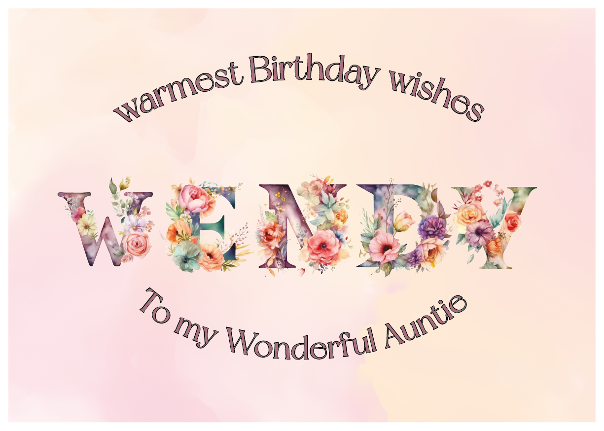 A Birthday Card containing letters made of colourful flowers that spells out aName . with birthday text personalised for relation and name. On a confetti Background