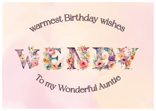 A Birthday Card containing letters made of colourful flowers that spells out aName . with birthday text personalised for relation and name. On a confetti Background