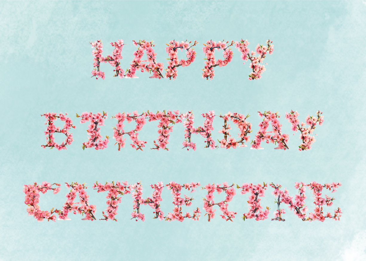 A Birthday Card containing cherry blossom letters that spell out Happy Birthday and personalised with a name