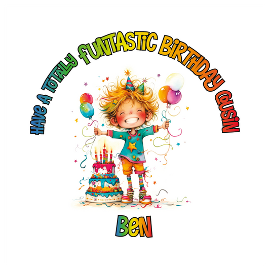 A Vibrant Colourful Birthday card with an illustration of a boy with a Birthday cake and personalised text. Can be personalised for name age and relation