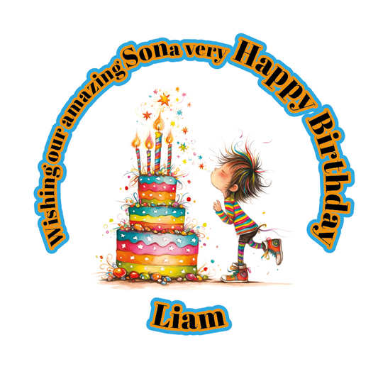 A Vibrant Colourful Birthday card with an illustration of a boy with a Birthday cake and personalised text. Can be personalised for name age and relation
