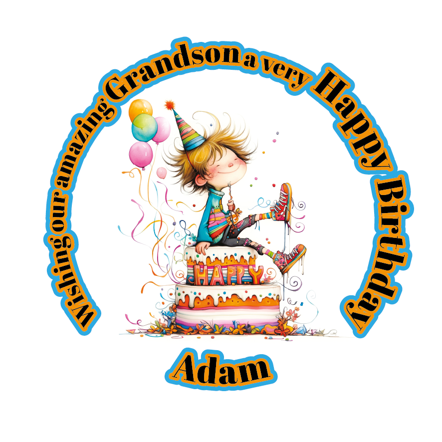 A Vibrant Colourful Birthday card with an illustration of a boy with a Birthday cake and personalised text. Can be personalised for name age and relation