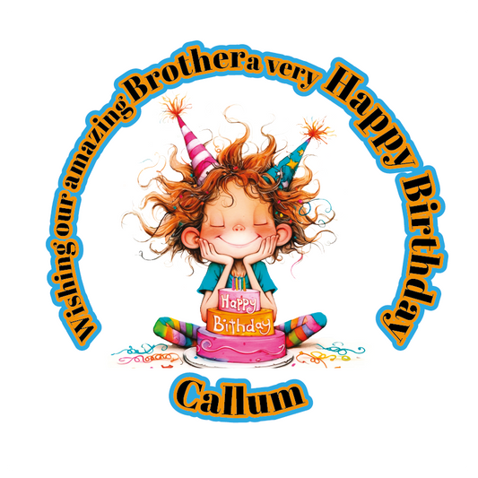 A Vibrant Colourful Birthday card with an illustration of a boy with a Birthday cake and personalised text. Can be personalised for name age and relation