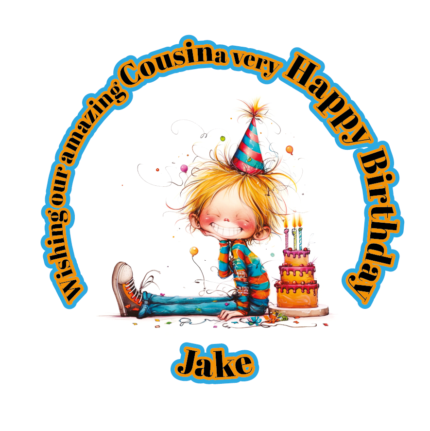 A Vibrant Colourful Birthday card with an illustration of a boy with a Birthday cake and personalised text. Can be personalised for name age and relation