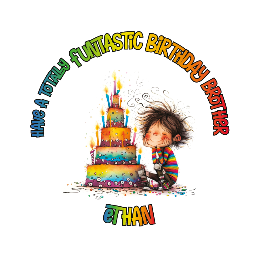 A Vibrant Colourful Birthday card with an illustration of a boy with a Birthday cake and personalised text. Can be personalised for name age and relation