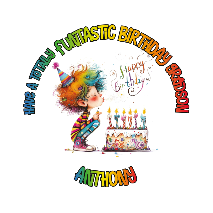 A Vibrant Colourful Birthday card with an illustration of a boy with a Birthday cake and personalised text. Can be personalised for name age and relation