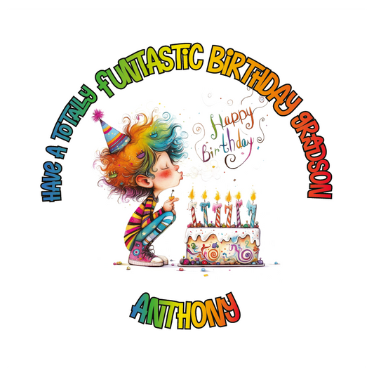A Vibrant Colourful Birthday card with an illustration of a boy with a Birthday cake and personalised text. Can be personalised for name age and relation