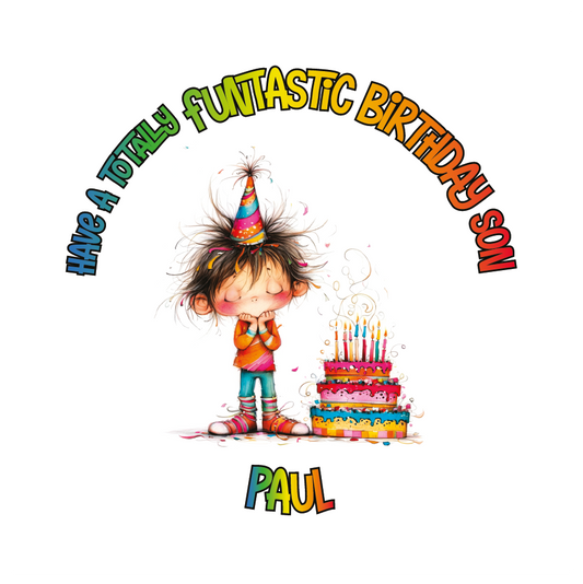 A Vibrant Colourful Birthday card with an illustration of a boy with a Birthday cake and personalised text. Can be personalised for name age and relation