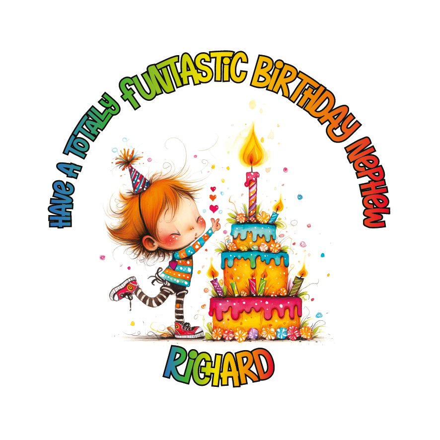 A Vibrant Colourful Birthday card with an illustration of a boy with a Birthday cake and personalised text. Can be personalised for name age and relation