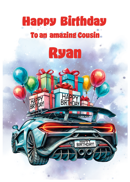 Birthday card with a car, presents, and balloons on an atmospheric background. Can be personalised to name, age and relation