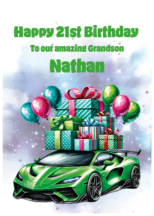 Happy 21st Birthday card with green sports car, presents, and balloons on a white background. Can be personalised to name, age and relation