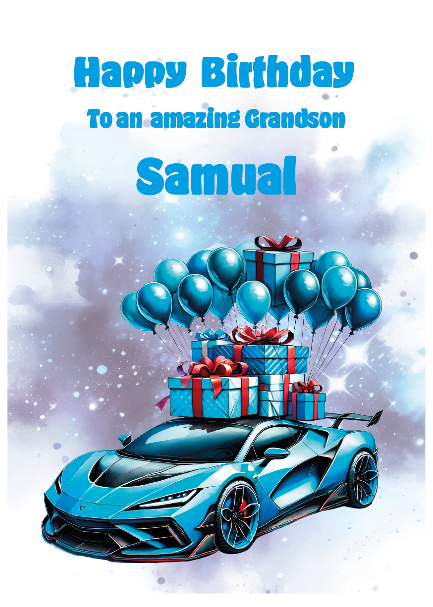 Birthday card with a blue sports car, presents, and balloons on an atmospheric background. Can be personalised to name, age and relation