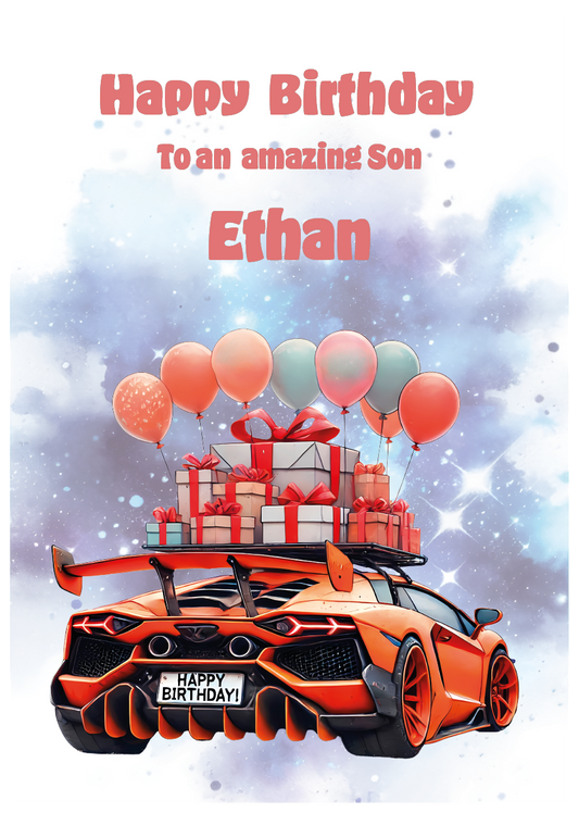 Birthday card with an orange car, gifts, and balloons on an atmospheric background. Can be personalised to name, age and relation