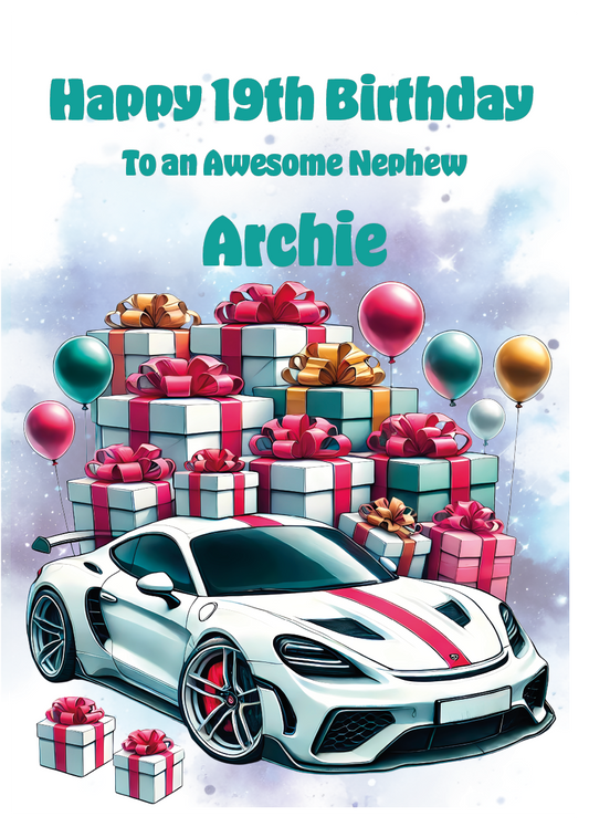 Happy 19th birthday card for an awesome nephew with gifts and a white sports car illustration. Can be personalised to name, age and relation