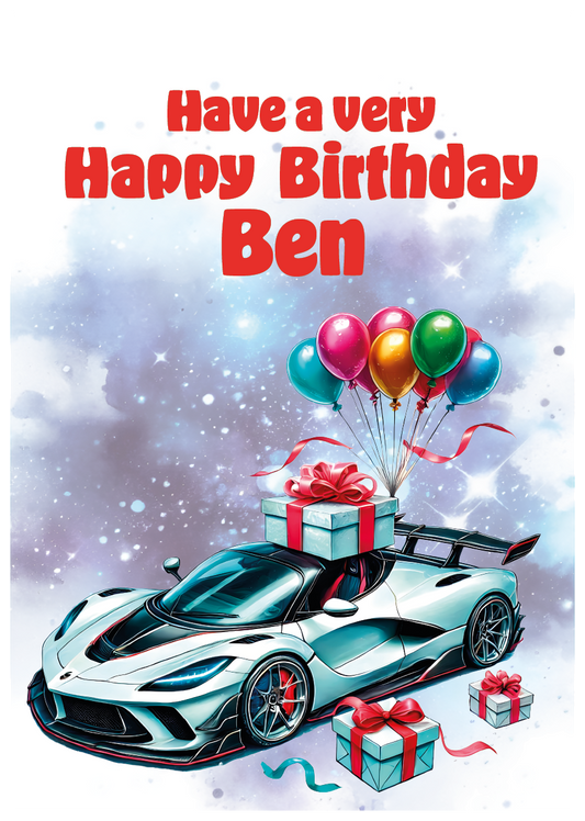 Birthday card with a car, gift boxes, and balloons against an atmospheric background. Can be personalised to name, age and relation