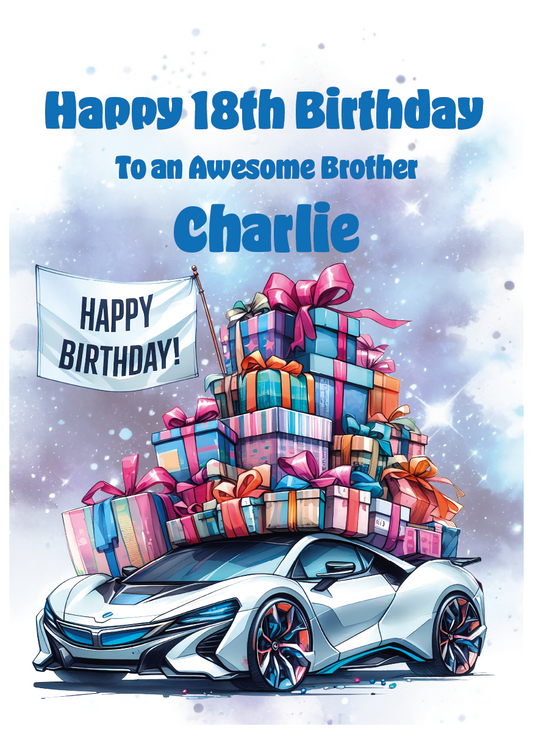 Happy 18th birthday card with a silver sports car carrying presents and 'Happy Birthday' banner on an Atmospheric background. Can be personalised to name, age and relation