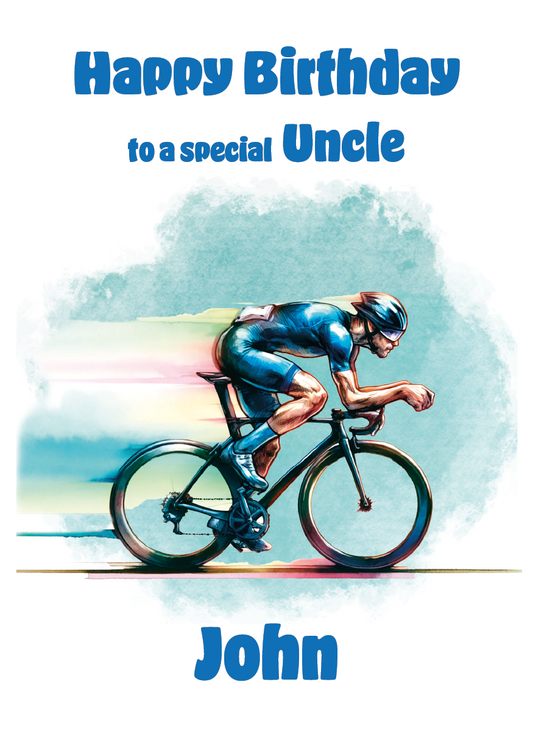 Birthday card with a cyclist on a colorful background and text 'Happy Birthday to a special Uncle John'. Can be personalised for name and relation.