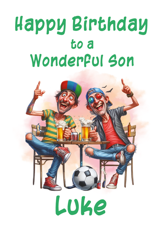 Cartoon of two friends at a table with drinks and a soccer ball, celebrating a birthday for 'Luke'. Can be personalised for name and relation.