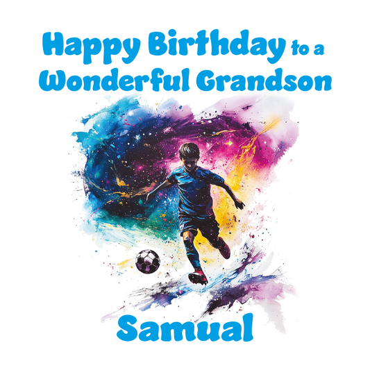 A Birthday Card with an artistic football illustration and personalised birthday wishes. Can be personalised for name and relation