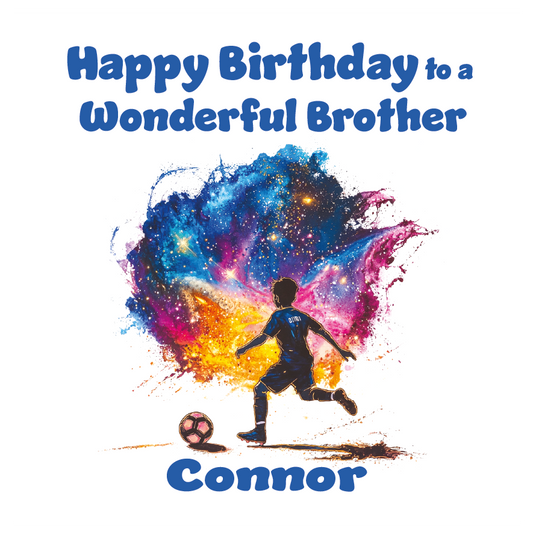 A Birthday Card with an artistic football illustration and personalised birthday wishes. Can be personalised for name and relation
