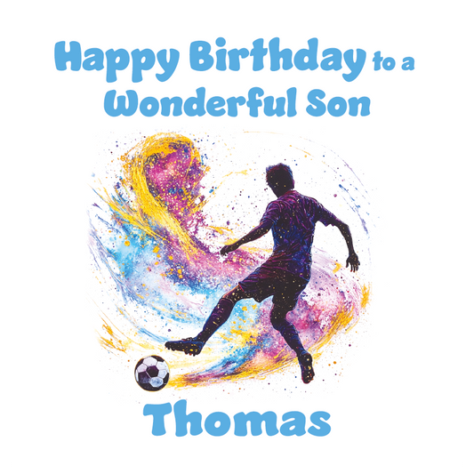 A Birthday Card with an artistic football illustration and personalised birthday wishes. Can be personalised for name and relation
