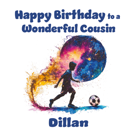 A Birthday Card with an artistic football illustration and personalised birthday wishes. Can be personalised for name and relation