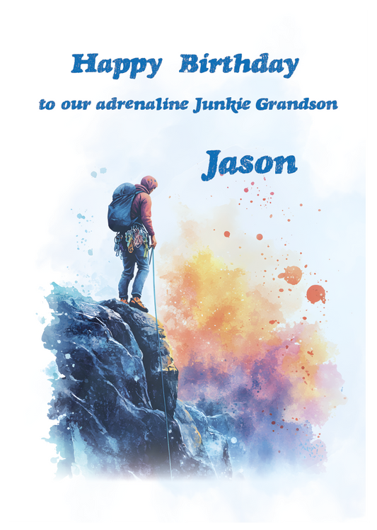 A Birthday Card with an illustration of a man rock climbing with a personalised birthday message. Can be personalised for name and relation.