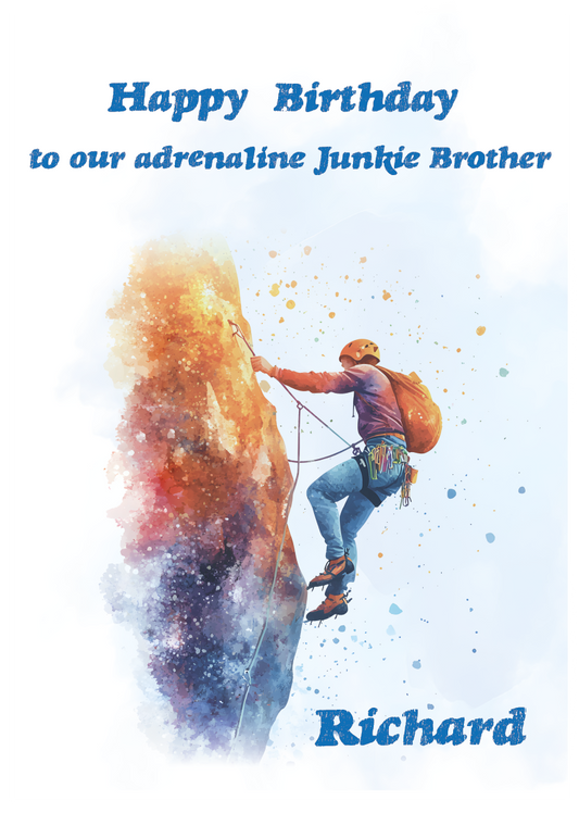 A Birthday Card with an illustration of a man rock climbing with a personalised birthday message. Can be personalised for name and relation.