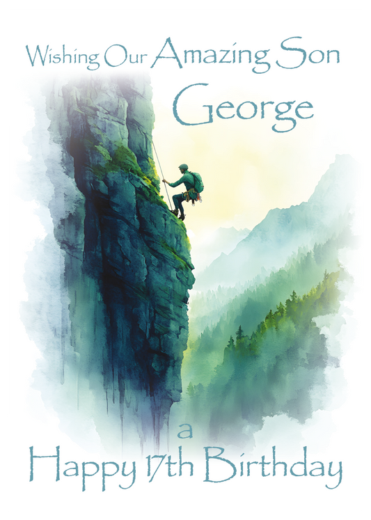 A Birthday Card with an illustration of a man rock climbing with a personalised birthday message. Can be personalised for name and relation.