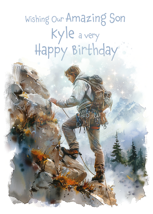 A Birthday Card with an illustration of a man rock climbing with a personalised birthday message. Can be personalised for name and relation.