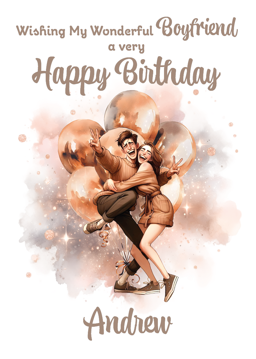 A Birthday Card with a romantic illustration of a couple hugging surrounded by balloons and light with a personalised birthday message for you loved one. Can be personalised with name and relationship