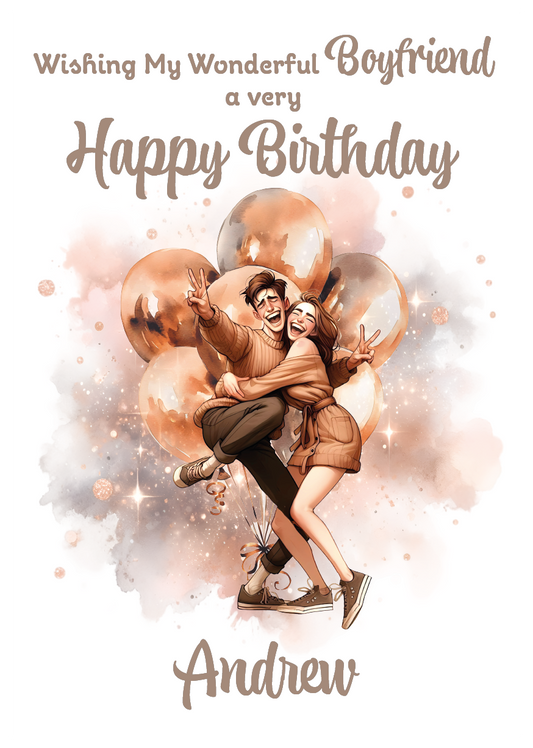 A Birthday Card with a romantic illustration of a couple hugging surrounded by balloons and light with a personalised birthday message for you loved one. Can be personalised with name and relationship