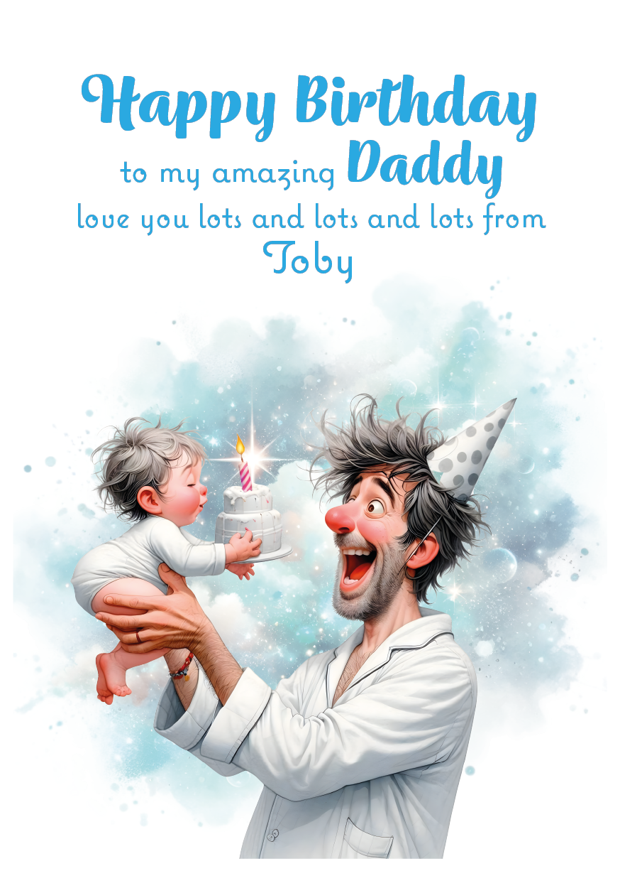 A Birthday card with an illustration of a young Boy and his dad with a birthday cake and a personalised message that can be personalised for Dad,Daddy,Step Daddy or Step Dad.
