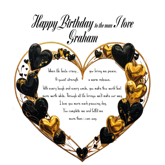 Heart-shaped design with black and gold hearts and heart felt birthday message on a white background. Can be personalised for the special male in your life.