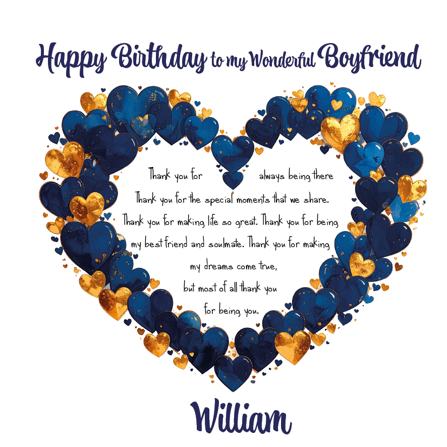 Heart-shaped arrangement of blue and gold balloons with heartfelt birthday message for a boyfriend on a white background. Can be personalised for the special male in your life.