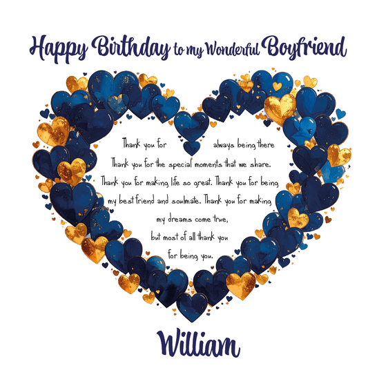 Heart-shaped arrangement of blue and gold balloons with heartfelt birthday message for a boyfriend on a white background. Can be personalised for the special male in your life.