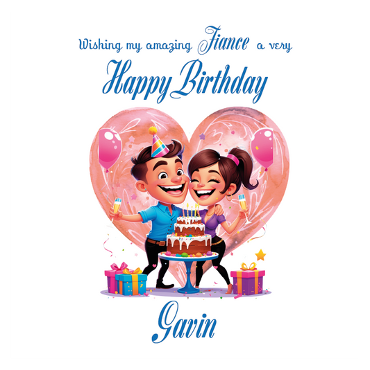 Cartoon couple celebrating a birthday with balloons and cake, wishing 'Happy Birthday' to 'Gavin'. Can be personalised for the special male in your life.