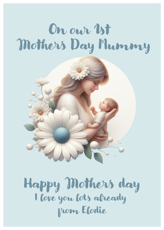 Mother's Day card with a mother holding a baby and decorative elements on a light blue background. Can be personalised with name of child/children, and for Mummy, Mum, Step Mum, Stepmummy
