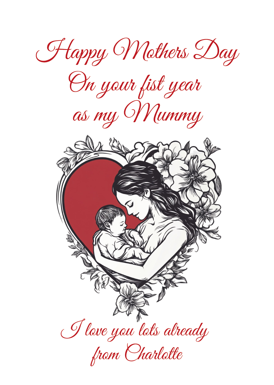 Motherhood-themed card with a mother holding a child, surrounded by flowers and 1st mother's day text on a white background. Can be personalised with name of child/children, and for Mummy, Mum, Step Mum, Stepmummy