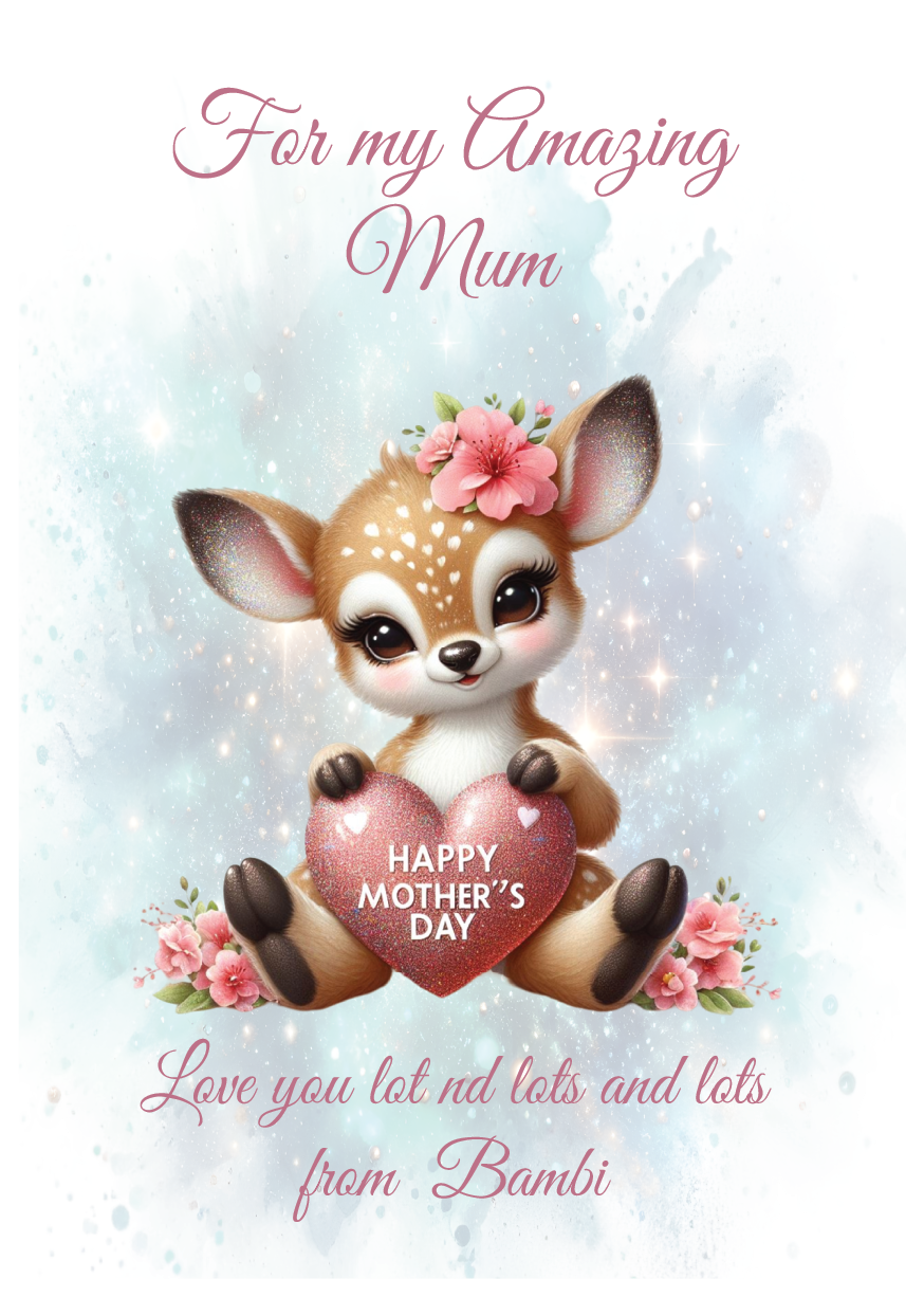 Cartoon deer holding a heart with flowers, surrounded by text 'For an Amazing Mum' on a light blue background. Can be personalised with name of child/Children and for Mum,Mummy, Step Mum, Step Mummy Grandma or Nanna