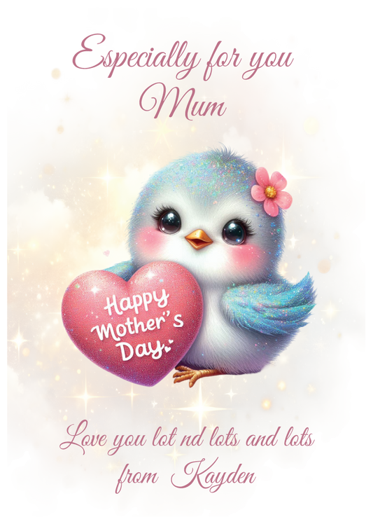 Cartoon bird holding a heart with 'Happy Mother's Day' text, surrounded by soft colors and sparkles. Can be personalised with name of child/Children and for Mum,Mummy, Step Mum, Step Mummy, Grandma or Nanna