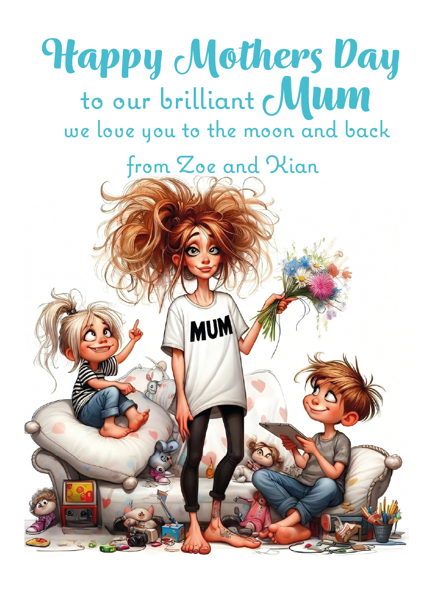 Cartoon illustration of a mother with two children, holding flowers, with 'Happy Mothers Day' text. Can be Personalised with Child/Children's names. and for Mum, Mummy, Step Mum or Step mummy