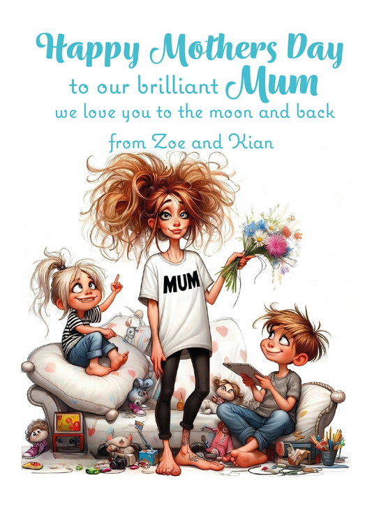 Cartoon illustration of a mother with two children, holding flowers, with 'Happy Mothers Day' text. Can be Personalised with Child/Children's names. and for Mum, Mummy, Step Mum or Step mummy