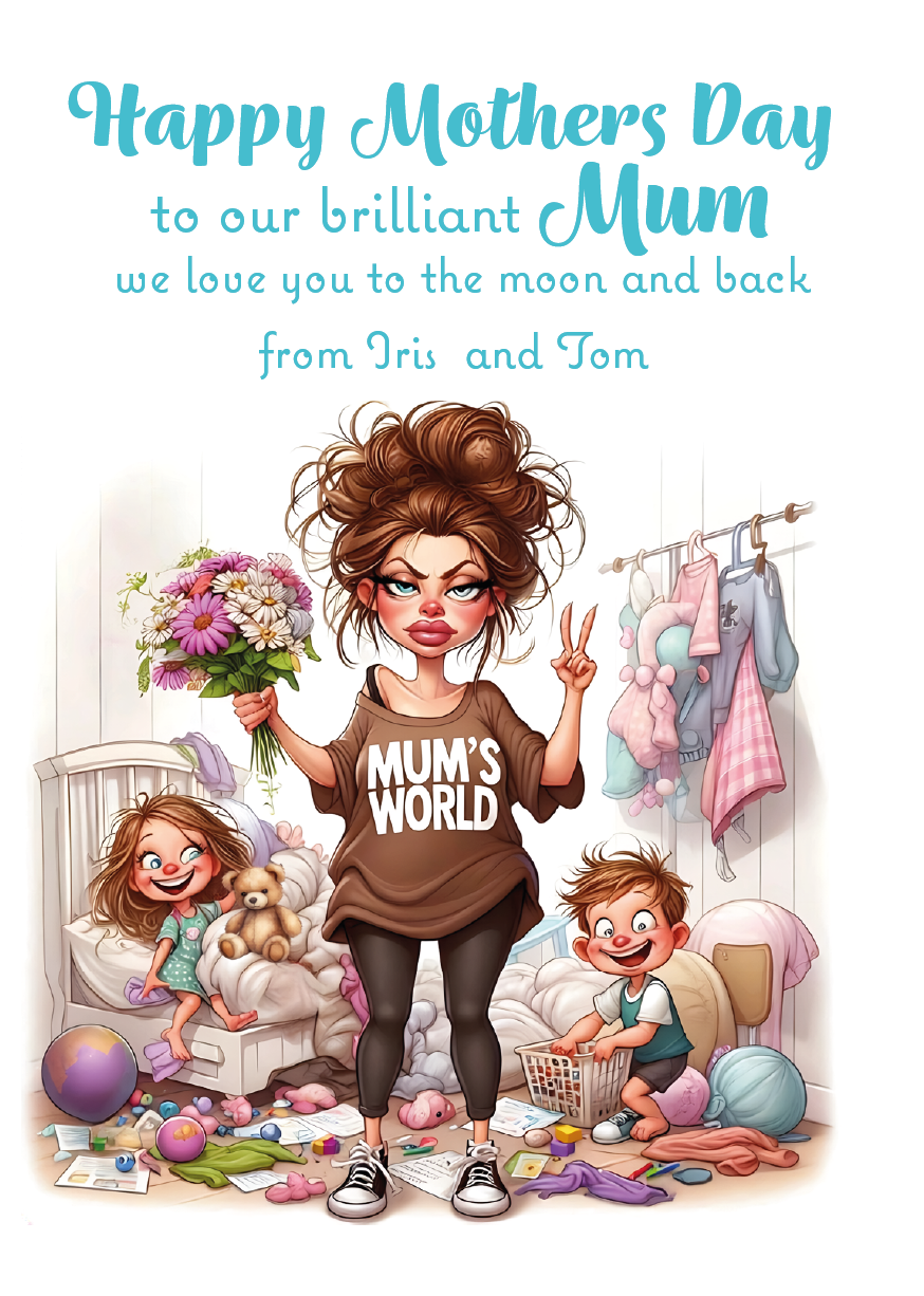 Cartoon illustration of a mother with children in a nursery, celebrating Mother's Day. Can be Personalised with Child/Children's names. and for Mum, Mummy, Step Mum or Step mummy
