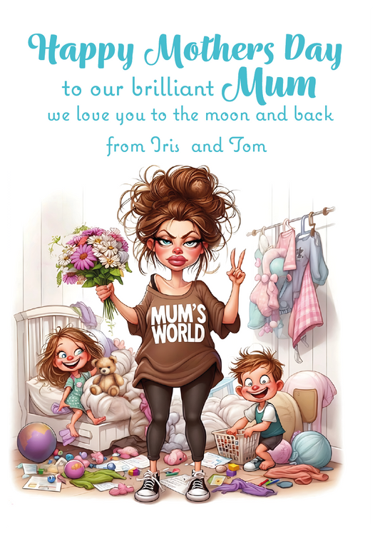 Cartoon illustration of a mother with children in a nursery, celebrating Mother's Day. Can be Personalised with Child/Children's names. and for Mum, Mummy, Step Mum or Step mummy
