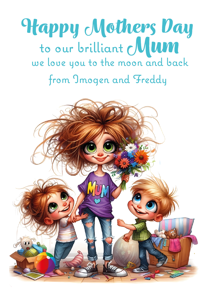 A Mother's Day Card with an Illustration of a woman holding flowers and two children . With Happy Mother's day Text. Can be Personalised with Child/Children's names. and for Mum, Mummy, Step Mum or Step mummy