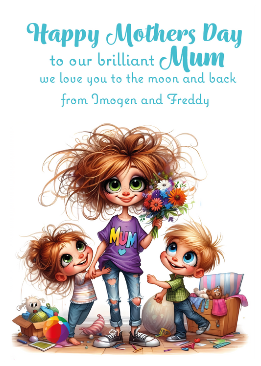 A Mother's Day Card with an Illustration of a woman holding flowers and two children . With Happy Mother's day Text. Can be Personalised with Child/Children's names. and for Mum, Mummy, Step Mum or Step mummy